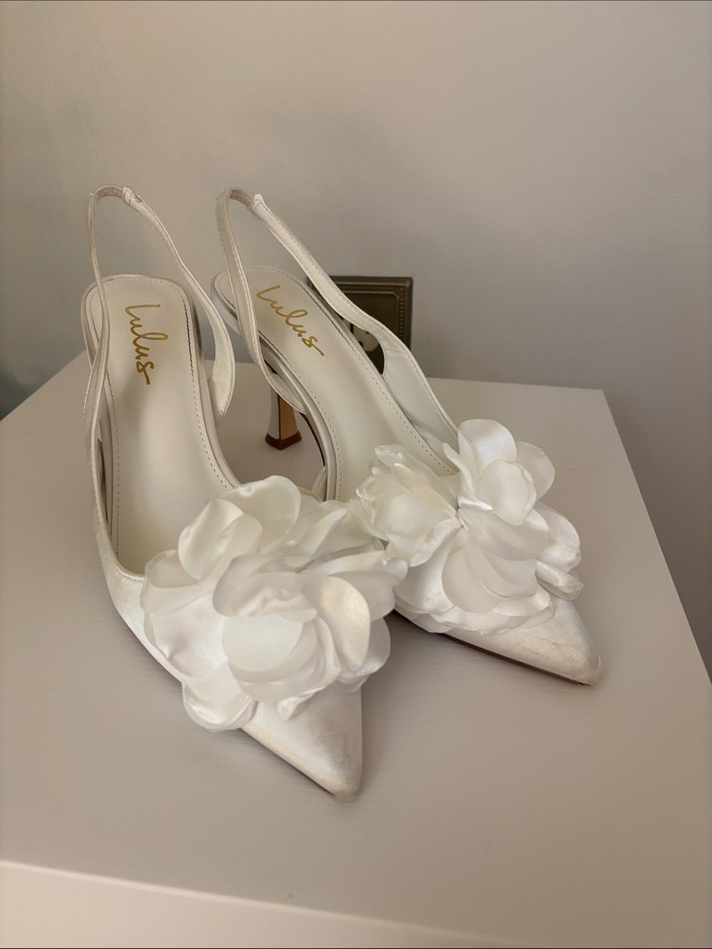 Lulu's Ivory Satin Floral Slingback Pointed Heels